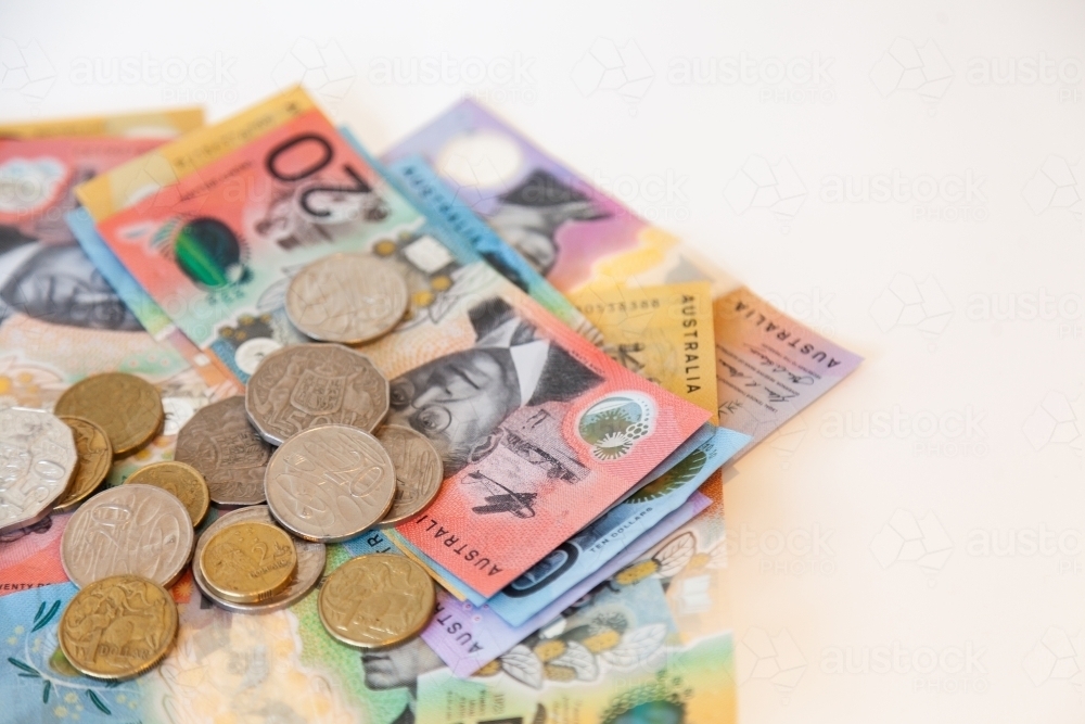 Australian currency, notes and coins, pay in cash - Australian Stock Image