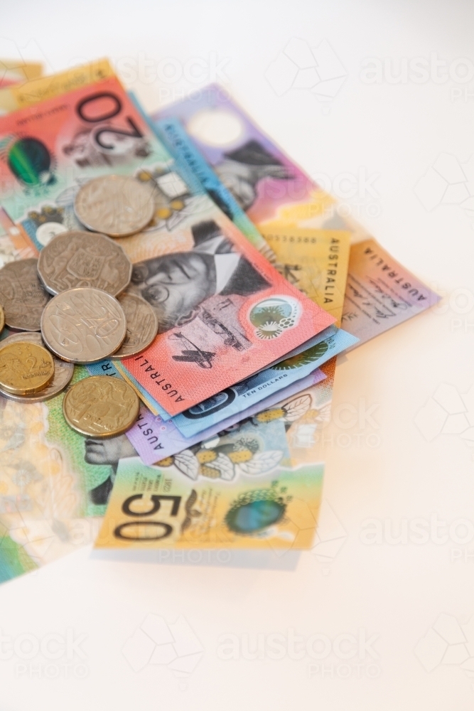 Australian currency, notes and coins, pay in cash - Australian Stock Image