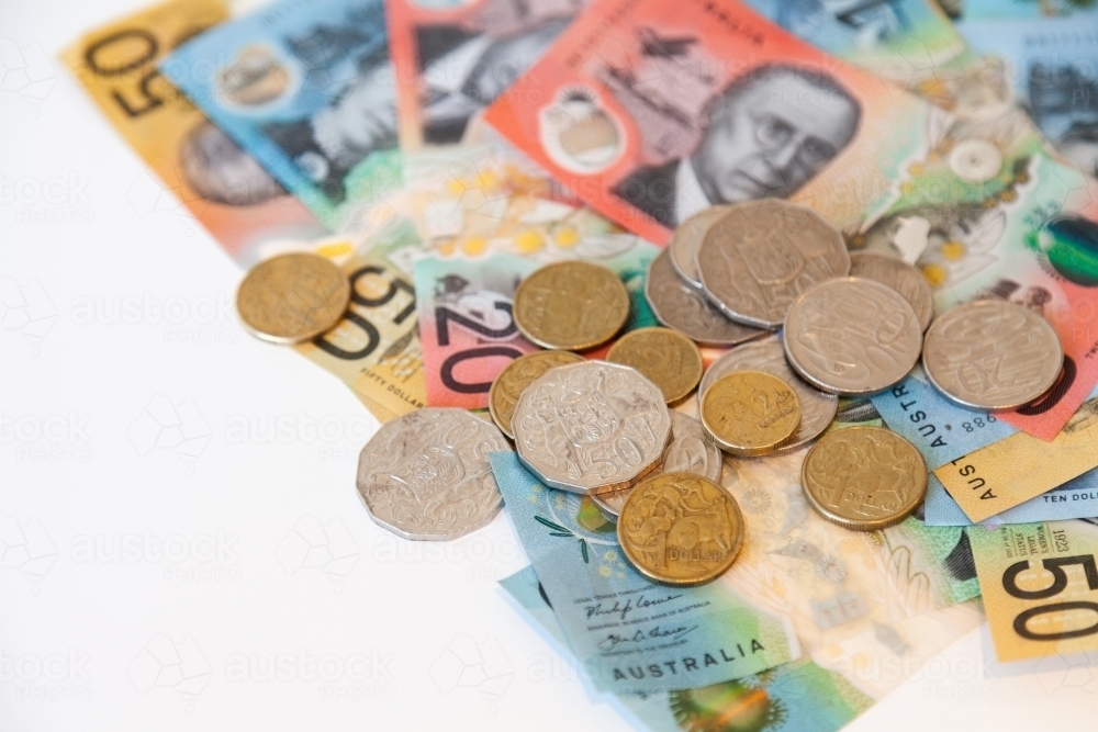 Australian currency, notes and coins, pay in cash - Australian Stock Image