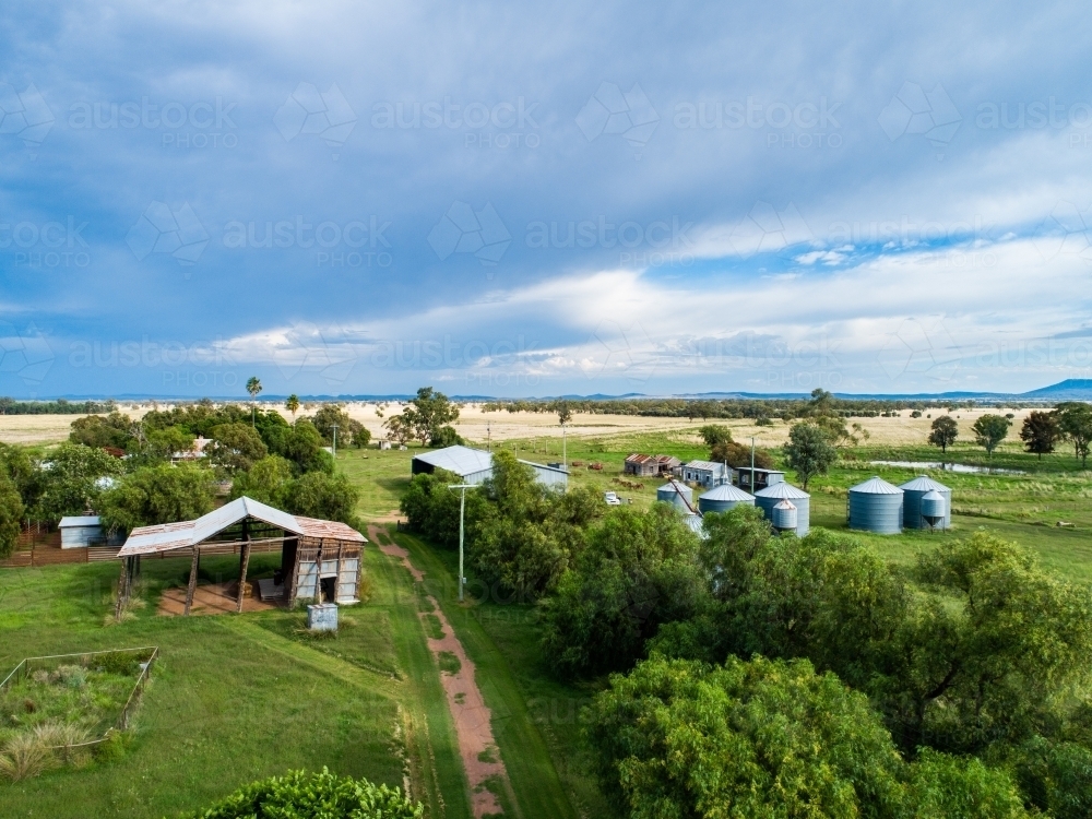 Australian farm scene with old hay shed building  seen from aerial view - Australian Stock Image