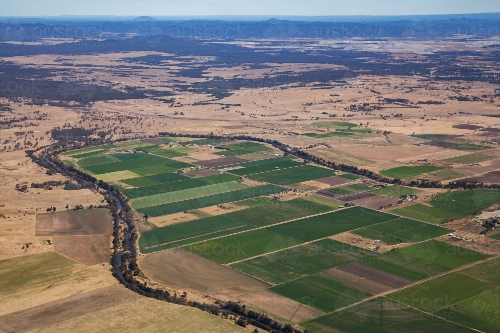 Australian landscape of irrigated farm paddocks viewed from plane - Australian Stock Image