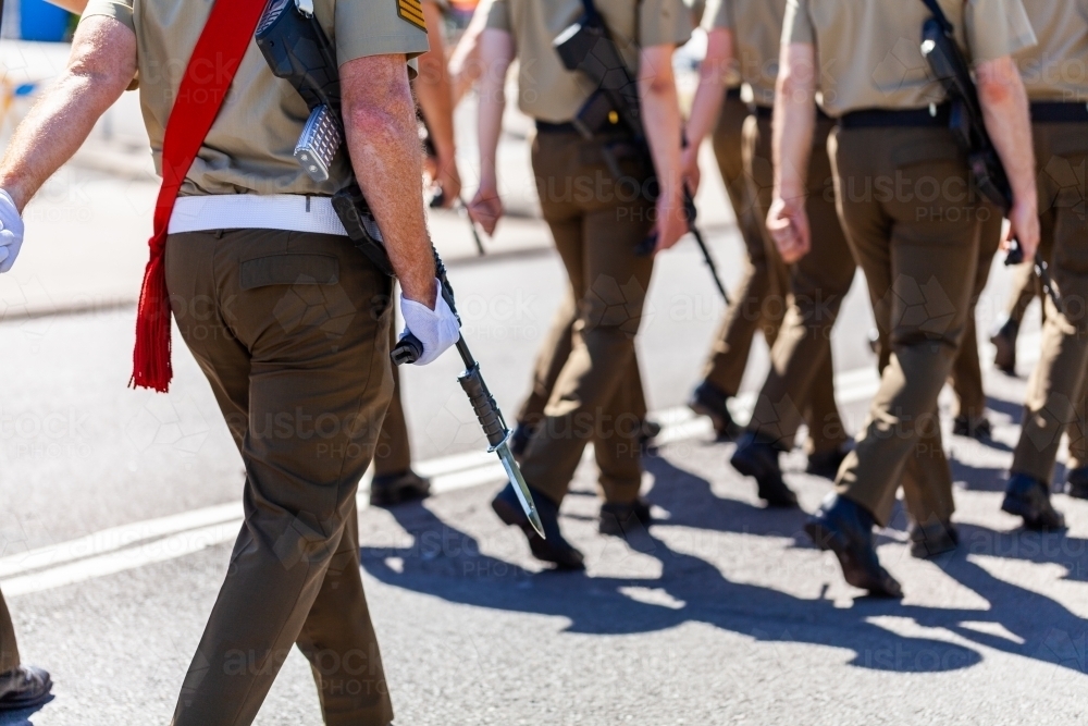 Australian soldier marching with bayonet fixed at freedom of entry parade and ceremony - Australian Stock Image