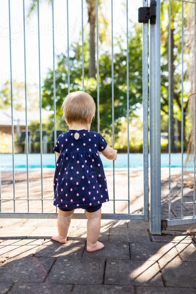 Baby standing at closed inground pool fence gate in backyard - Australian Stock Image