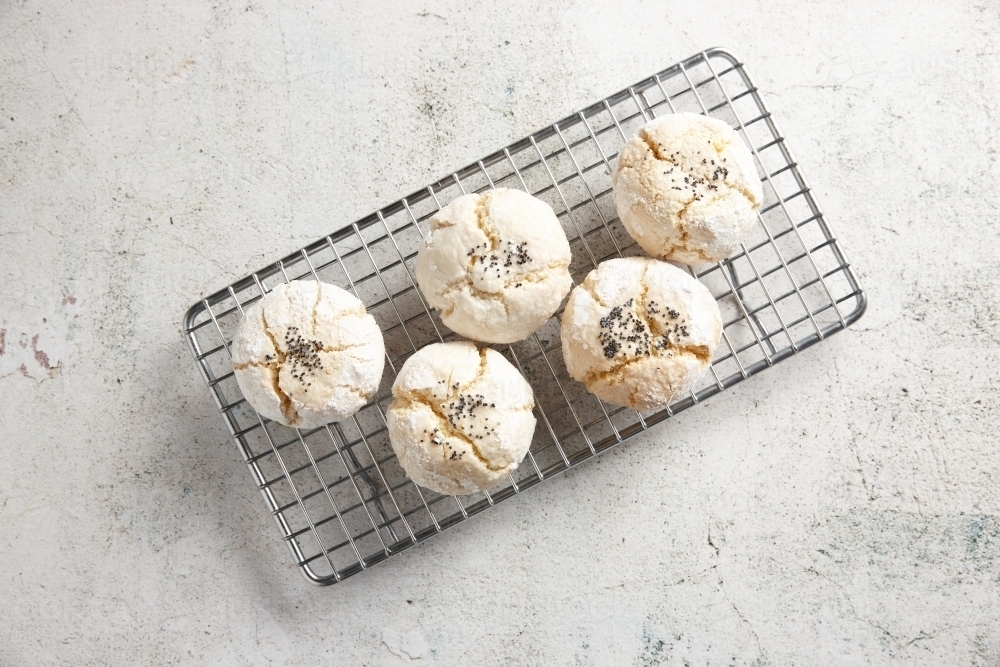 Baked sweet cookies on tray - Australian Stock Image