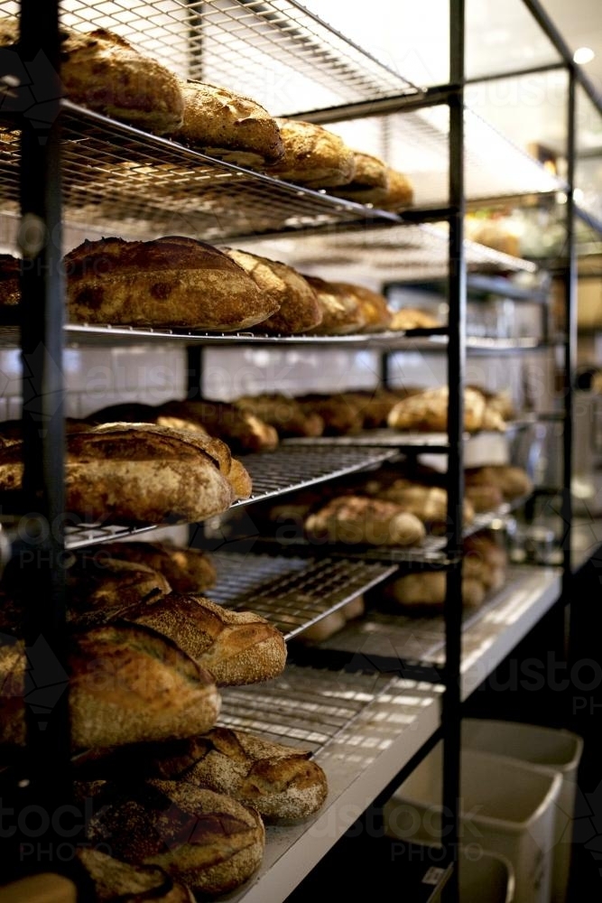 Bakery racks of fresh bread - Australian Stock Image