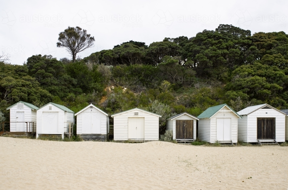 Beach boxes at swimming beach - Australian Stock Image