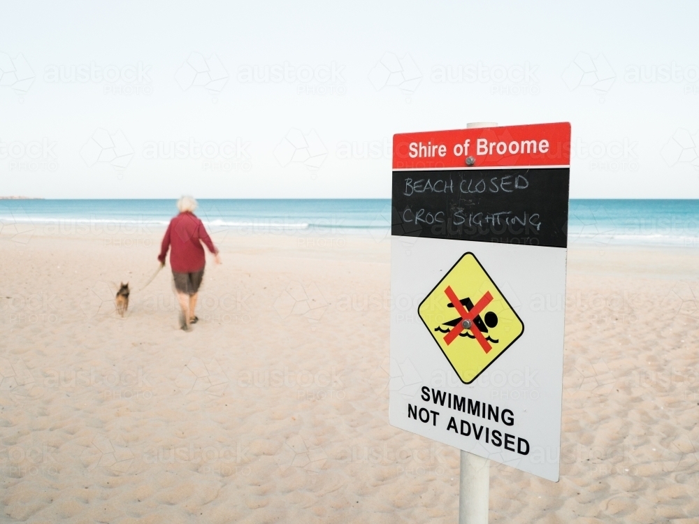 "Beach Closed Croc Sighting" Sign on Cable Beach - Australian Stock Image