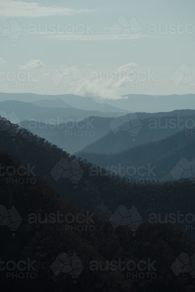 Blue mountain layers through the valley at Kanangra Walls Lookout on a sunny day - Australian Stock Image