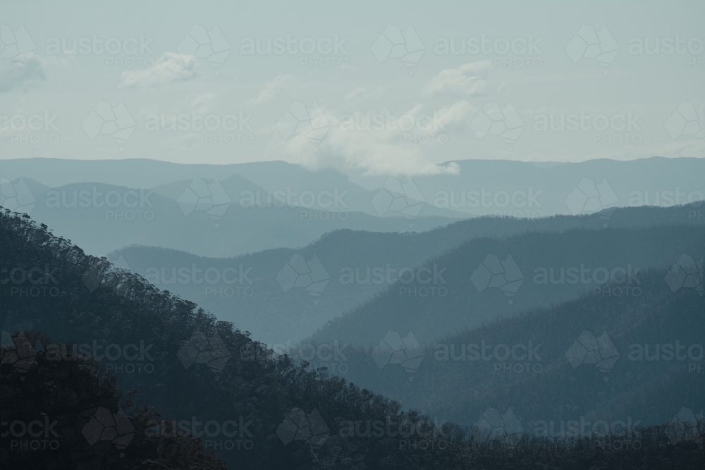 Blue mountain layers through the valley at Kanangra Walls Lookout on a sunny day - Australian Stock Image