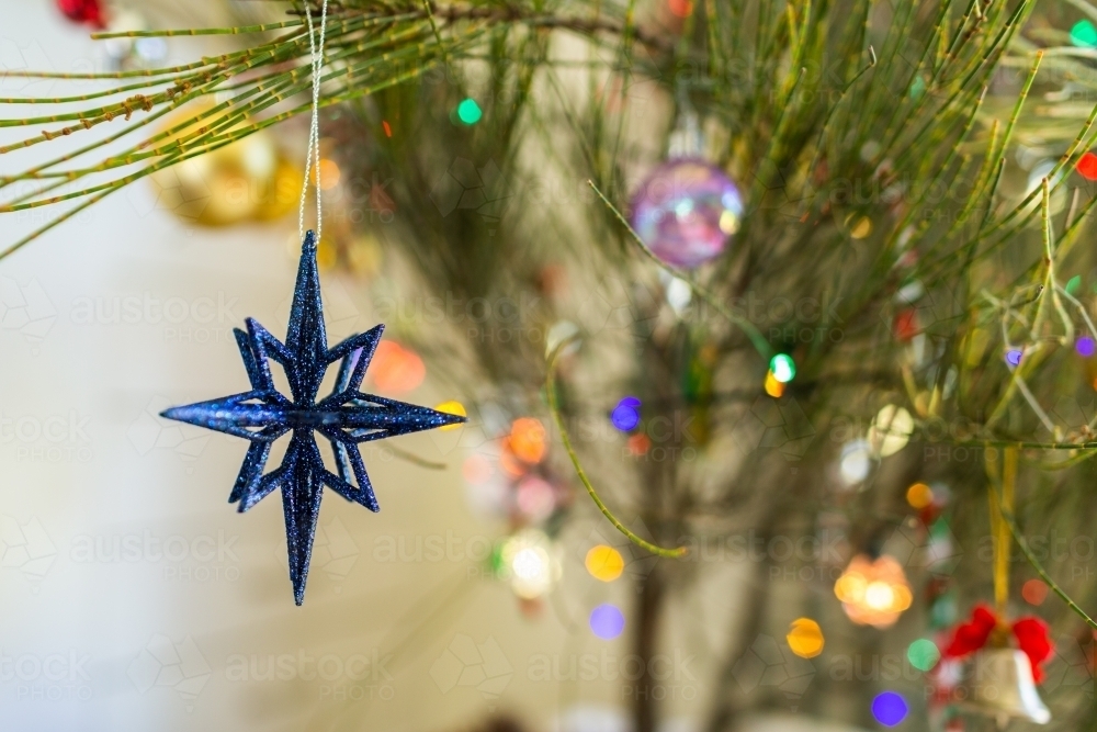 Blue star Christmas decoration hanging on tree - Australian Stock Image