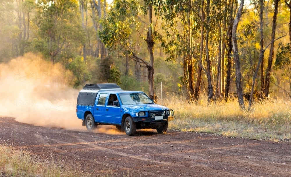 blue ute causing dust driving on dirt near forest - Australian Stock Image