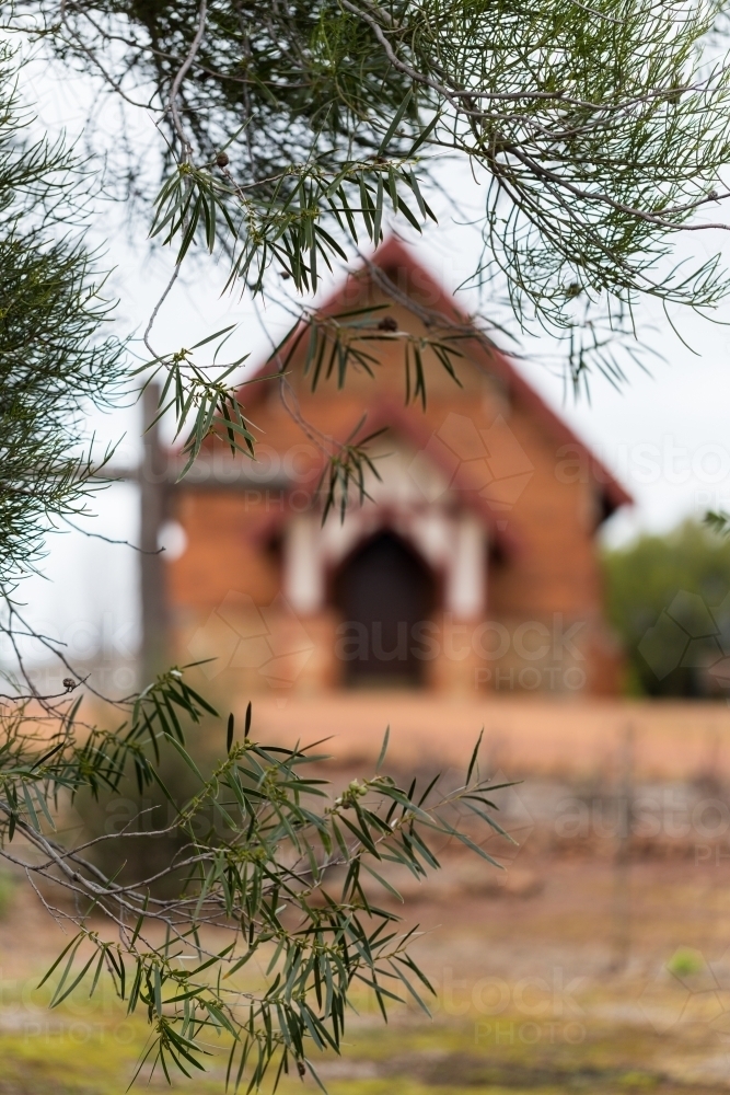 Blurred image of church seen through leaves - Australian Stock Image