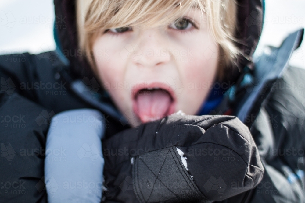 Boy tasting snow - Australian Stock Image