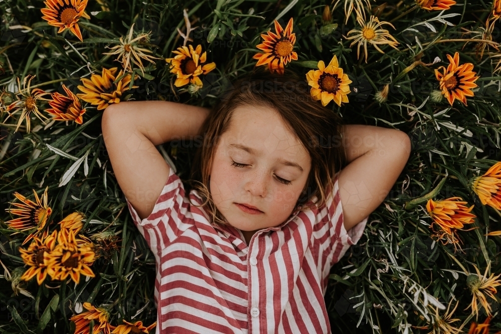 Boy with eyes closed laying in bed of flowers - Australian Stock Image