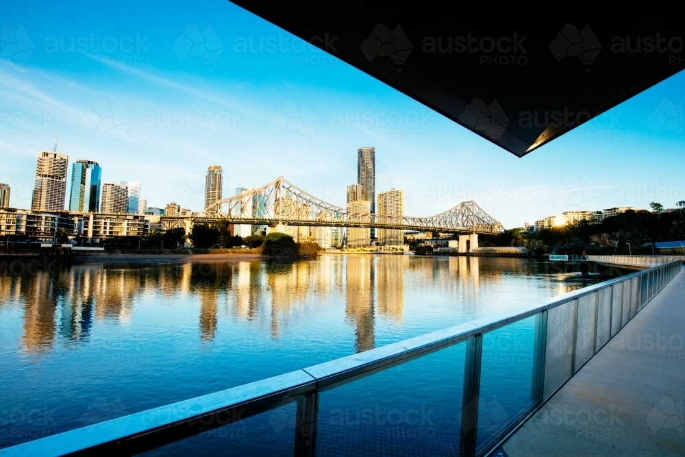 Brisbane city and the Story Bridge from the riverwalk - Australian Stock Image