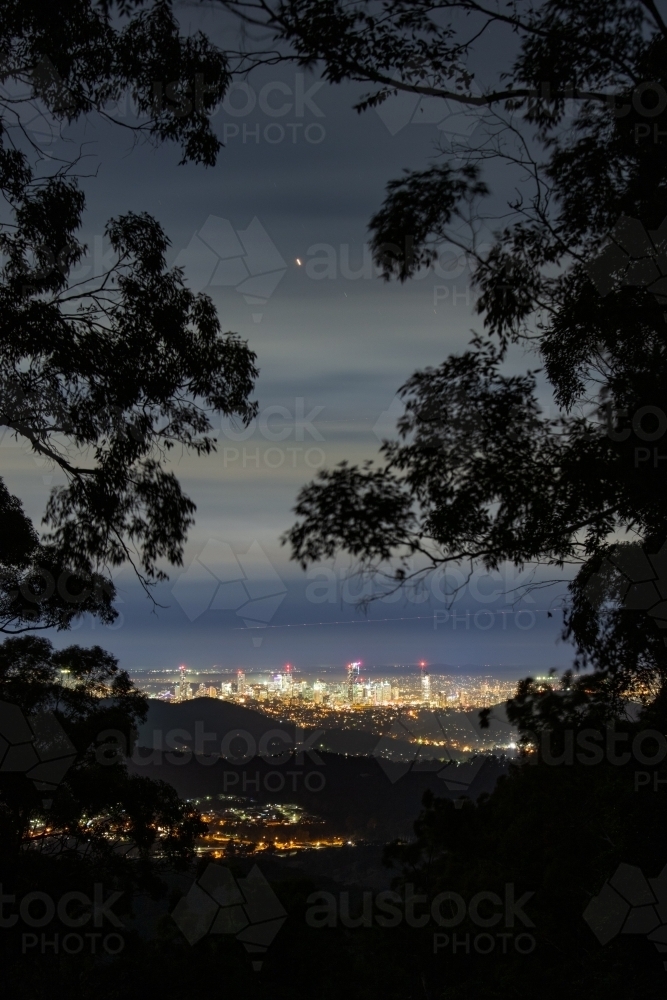 Brisbane city at night viewed from Camp Mountain - Australian Stock Image