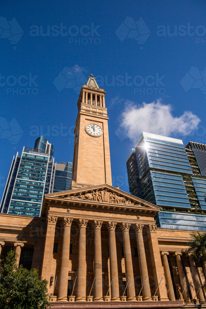 Brisbane city hall historical building and surrounding skyscrapers - Australian Stock Image