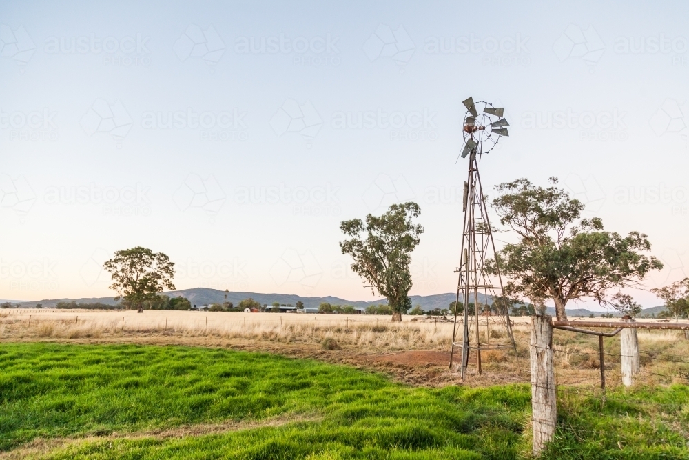 Broken down old windmill on farm with green grass bog - Australian Stock Image