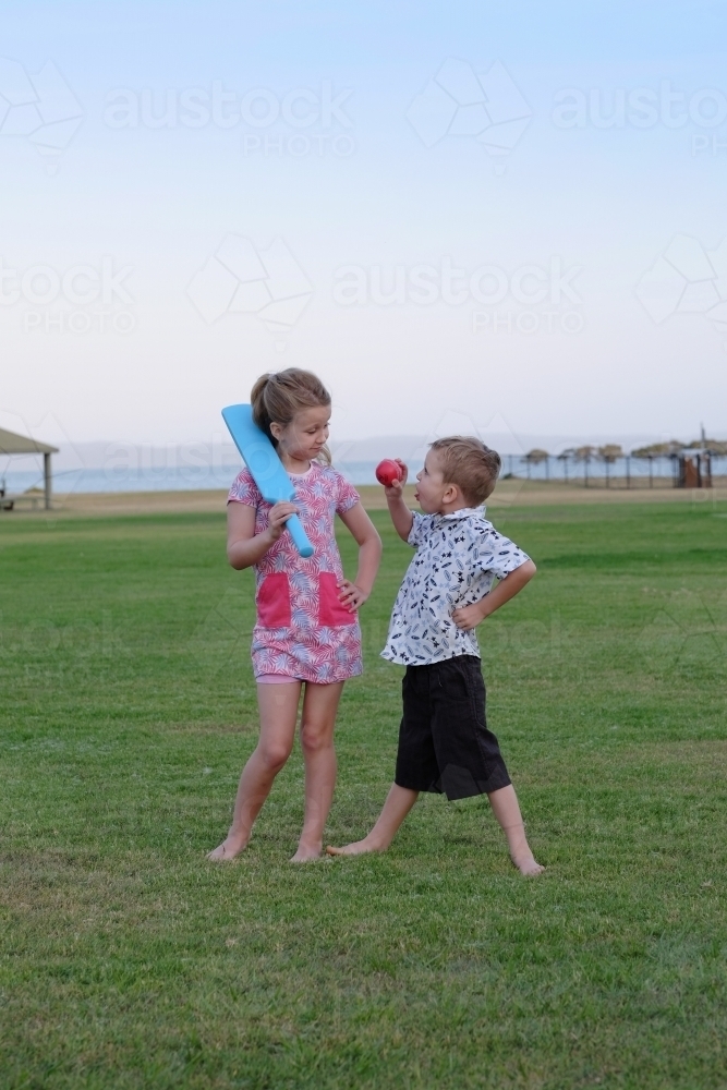 Brother and sister playing cricket in the park - Australian Stock Image