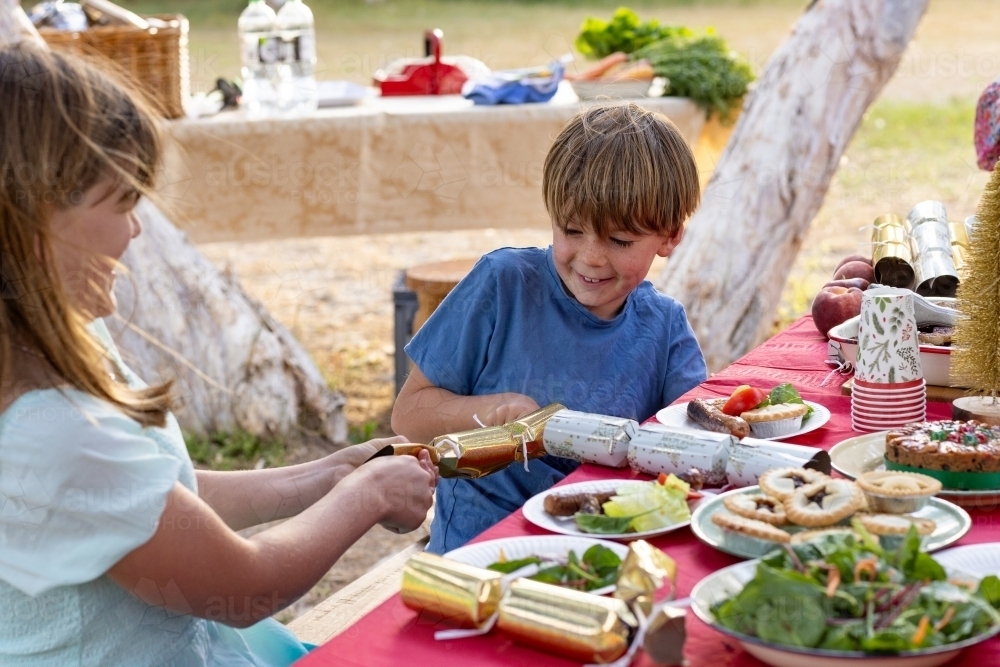 Image of brother and sister pulling a Christmas cracker at an outdoor ...