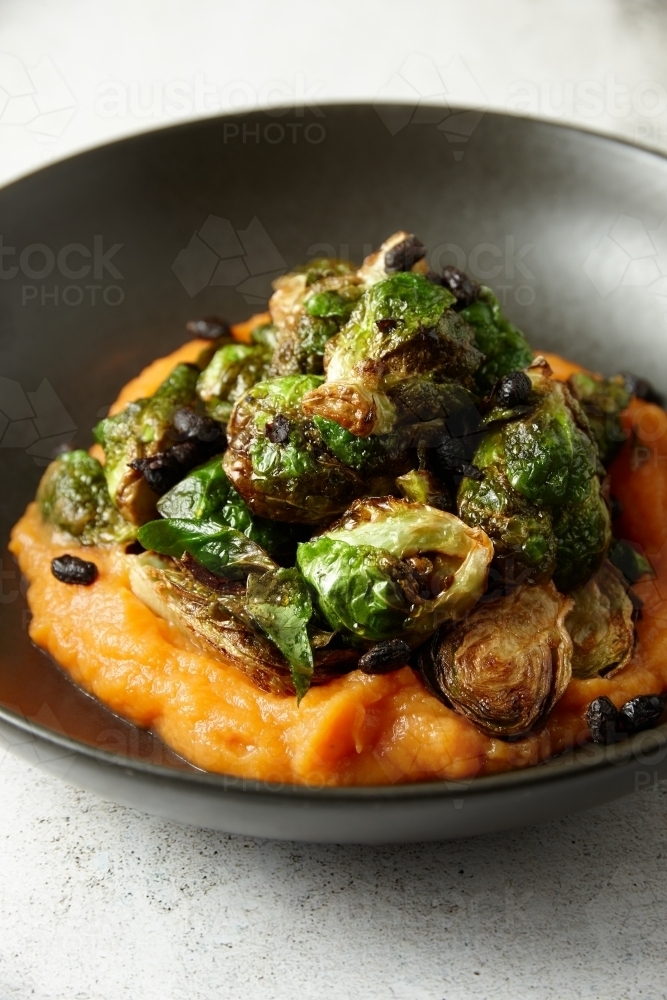 Brussel sprouts with pumpkin paste - Australian Stock Image