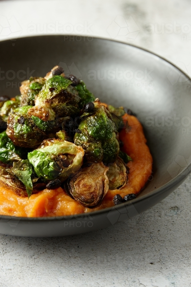 Brussel sprouts with pumpkin paste - Australian Stock Image