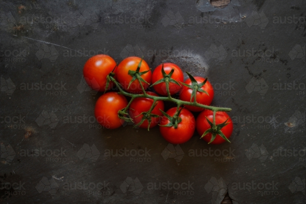 Bunch of vine ripened tomatoes on black background - Australian Stock Image