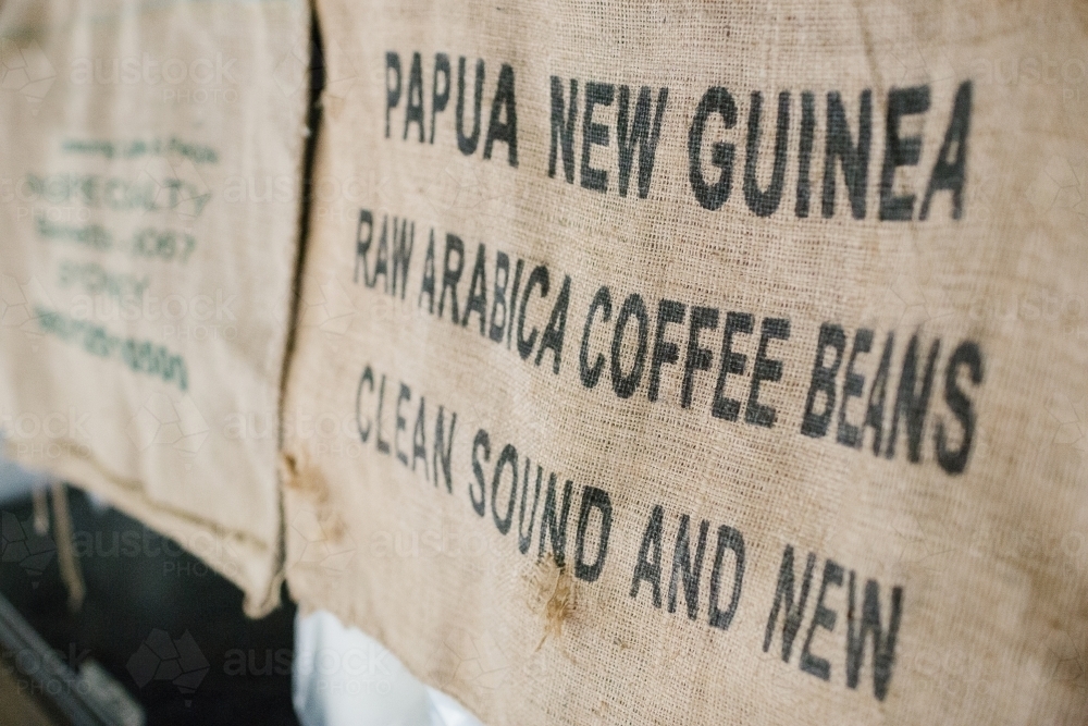 burlap fabric cloth with signage used to sell coffee beans - Australian Stock Image