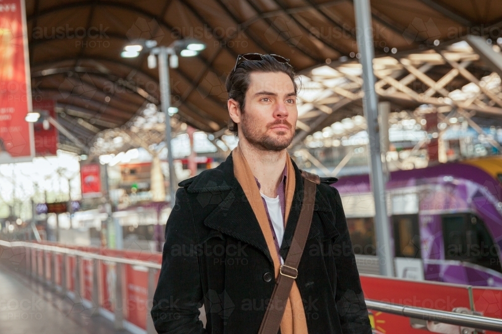 Business Man Walking Through Southern Cross Station - Australian Stock Image
