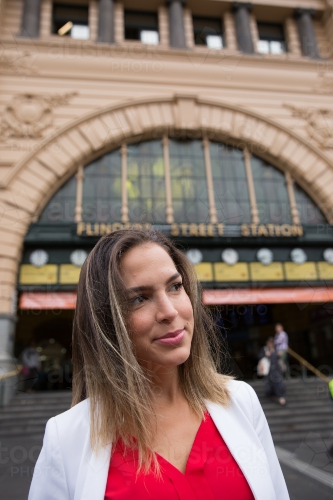 Business Woman Outside Flinders Street Station - Australian Stock Image