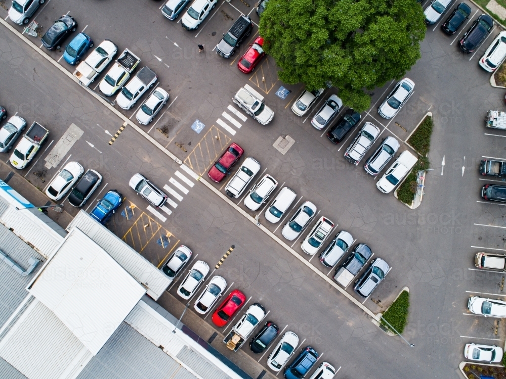 Car park beside shopping center in town - Australian Stock Image