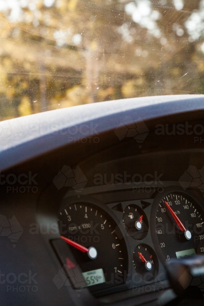 Car speedo showing 90 kmph on P1 drivers dashboard - Australian Stock Image