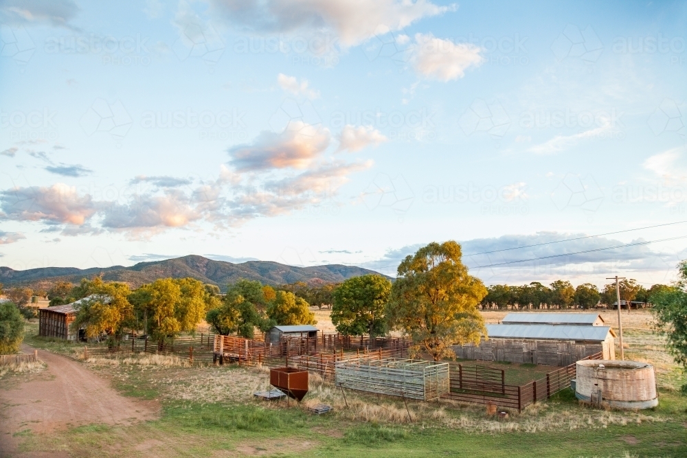 Cattle yards and shed on a farm in the afternoon - Australian Stock Image