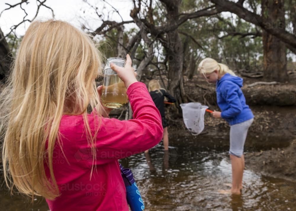 Child Looking at FIsh in Jar by the Creek - Australian Stock Image