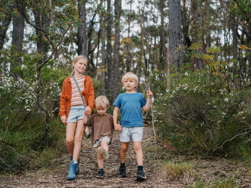 Children exploring Australian Bushland walking down trail together - Australian Stock Image