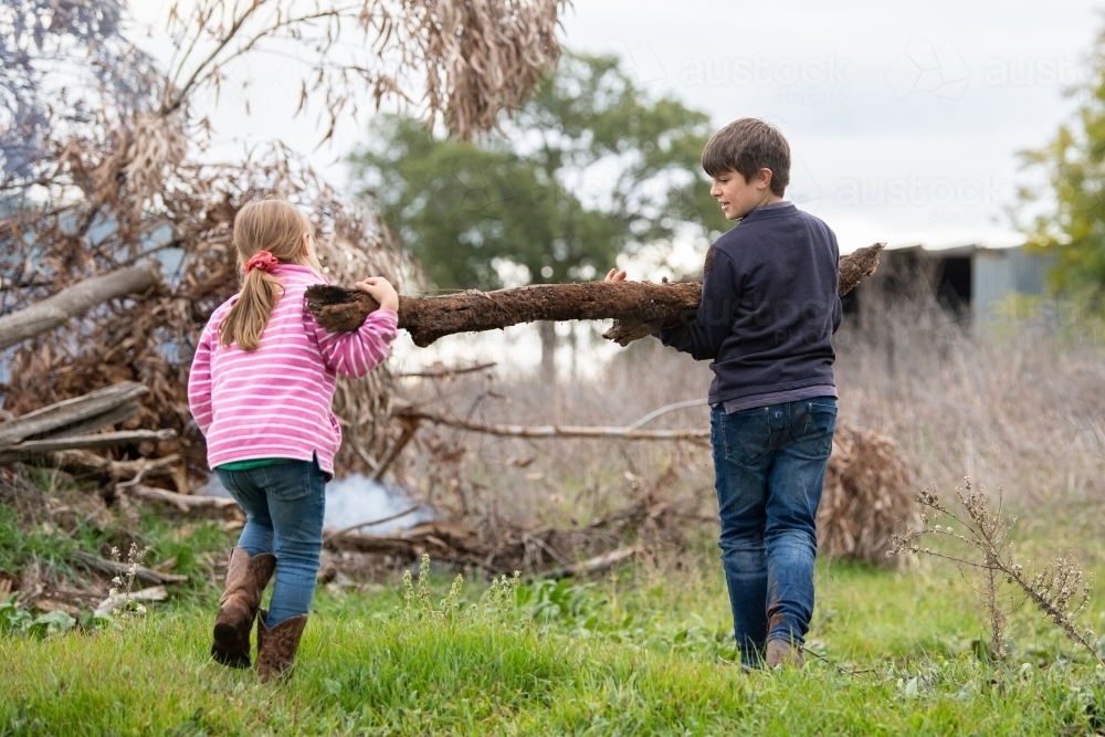 Children help build bonfire - Australian Stock Image