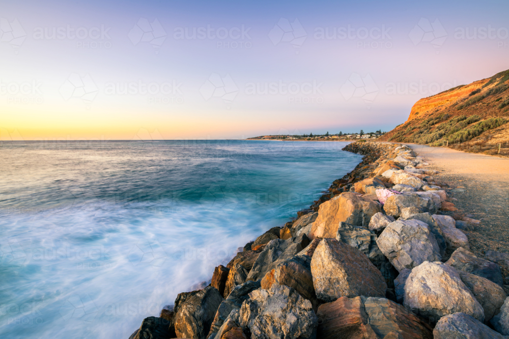 Christies Beach coastline with Witton Bluff trail at sunset while viewed towards the Esplanade - Australian Stock Image