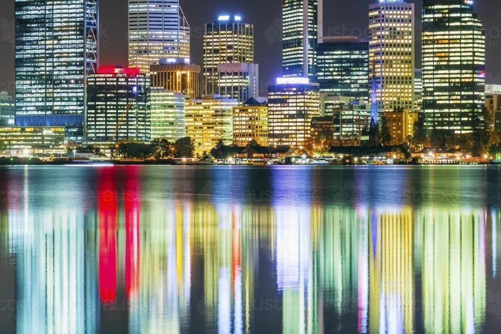 City lights of Perth CBD reflect on the Swan River - Australian Stock Image