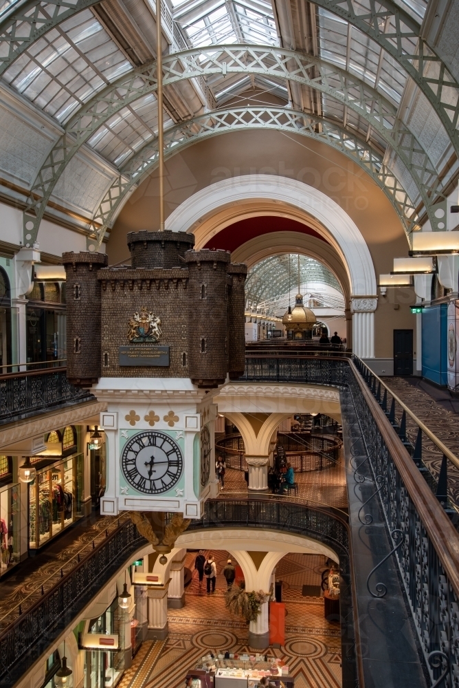 Clock in the QVB in Sydney with levels of shopping - Australian Stock Image