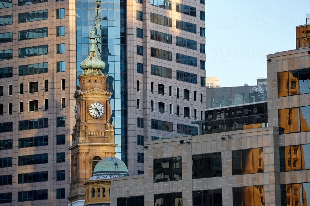 Clock tower and buildings in the city - Australian Stock Image