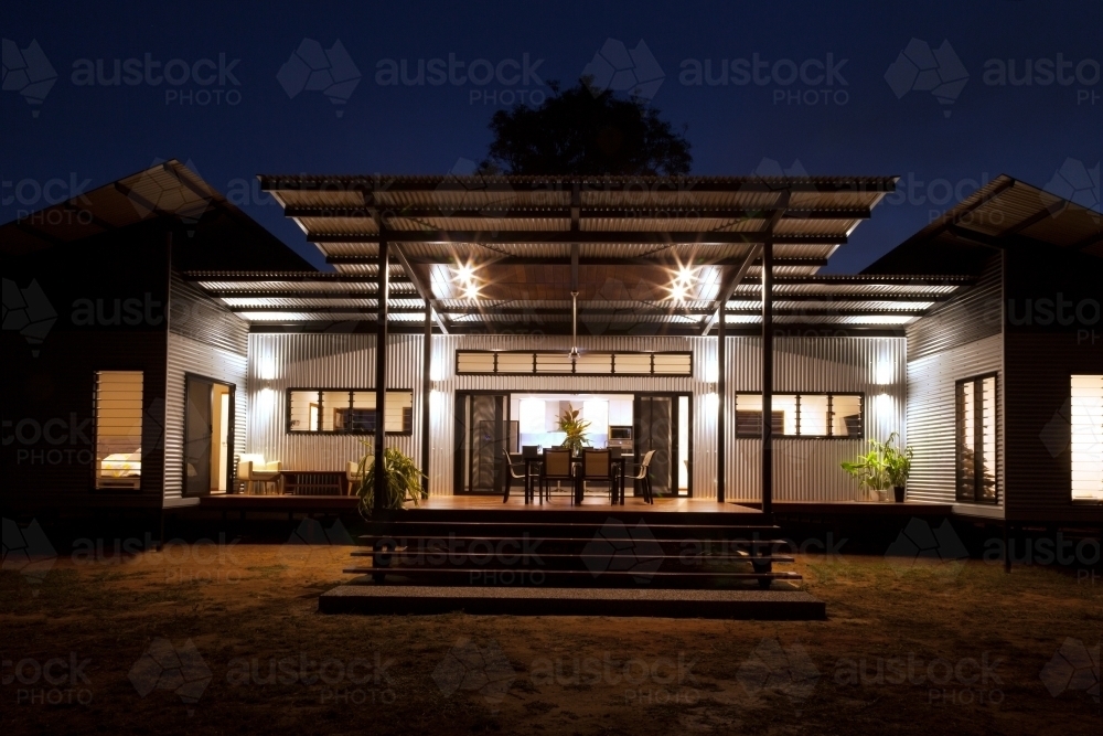 Close up nighttime shot of a modern architecture home. - Australian Stock Image