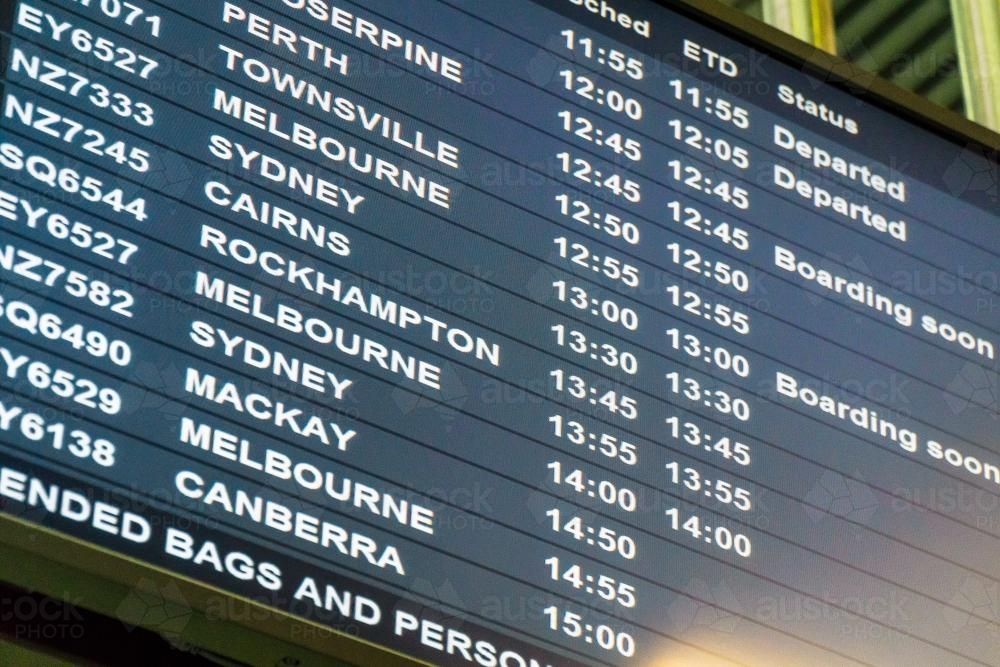 Close up of an airport's departures list - Australian Stock Image