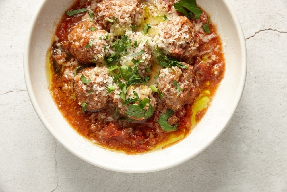 Close up of gourmet meatballs in bowl - Australian Stock Image