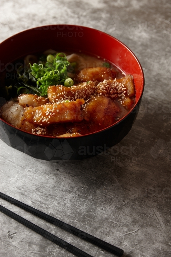 Close up of Japanese chicken noodle soup - Australian Stock Image