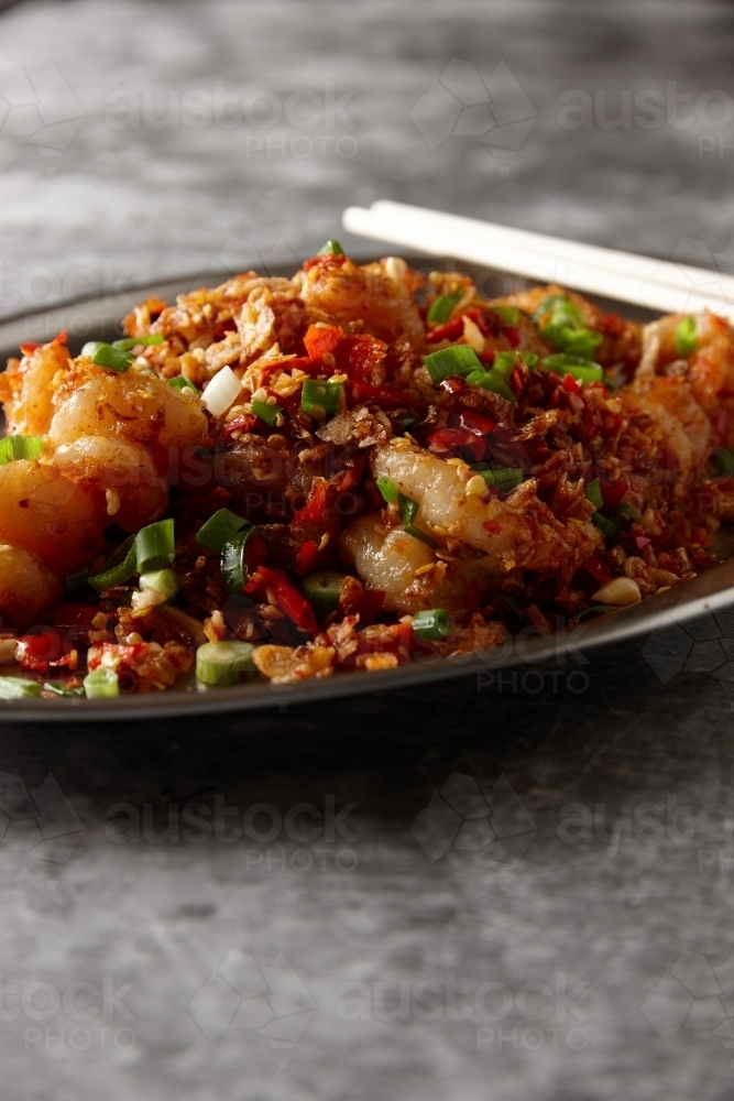 Close up of prawn stir fry dish - Australian Stock Image