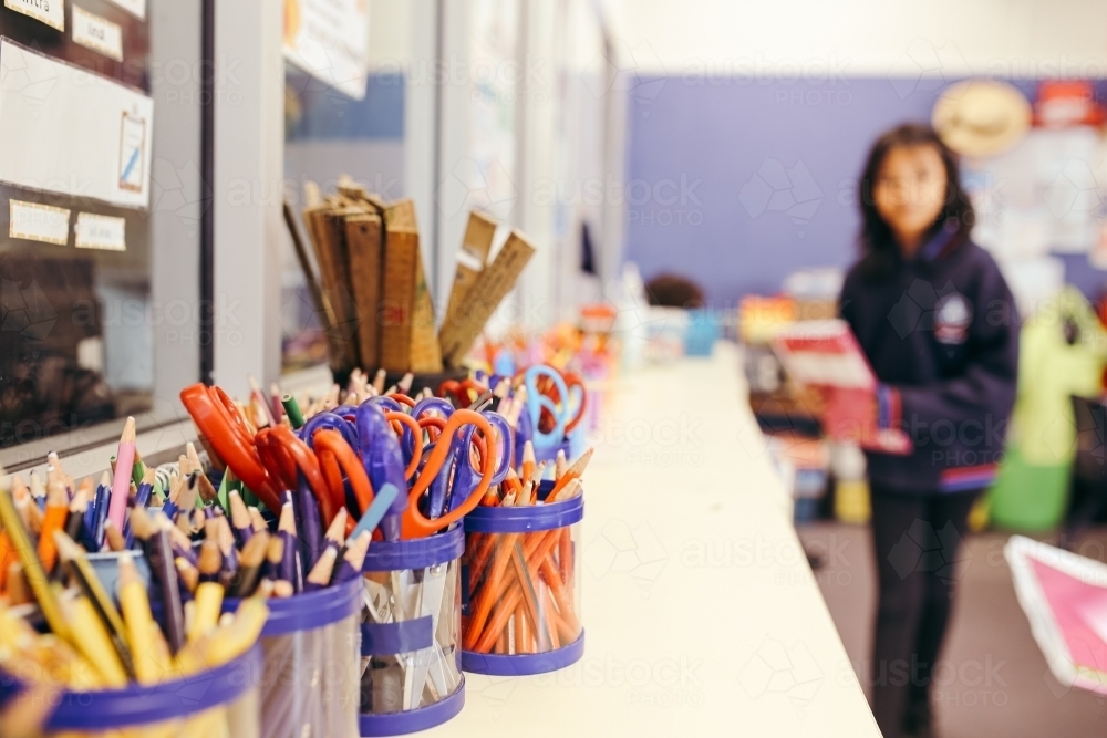 Close up of school stationery in the classroom - Australian Stock Image