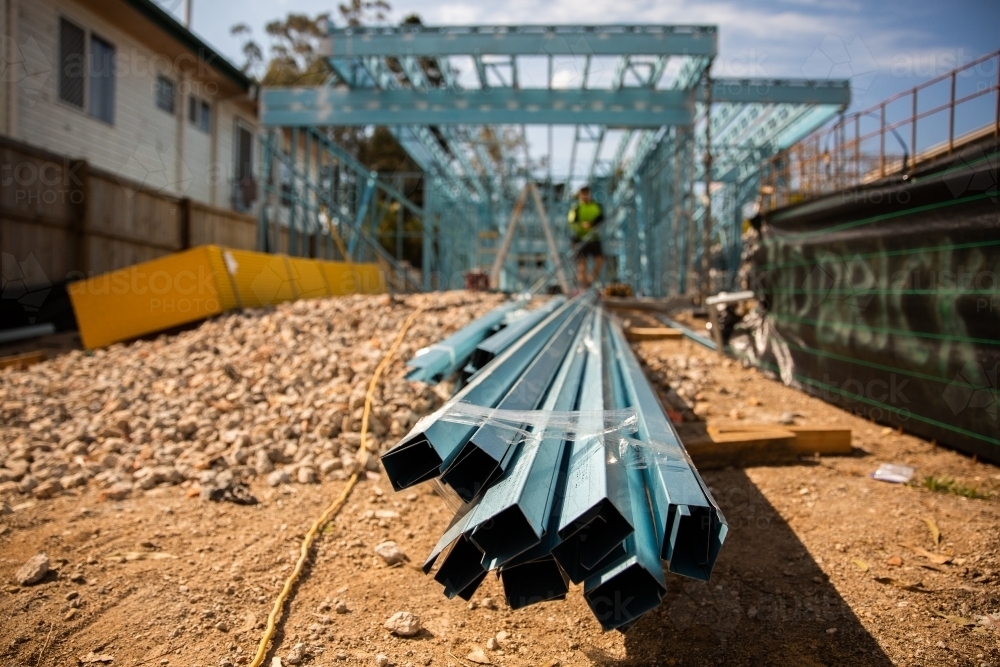 close up of steel frame pieces on a building site - Australian Stock Image