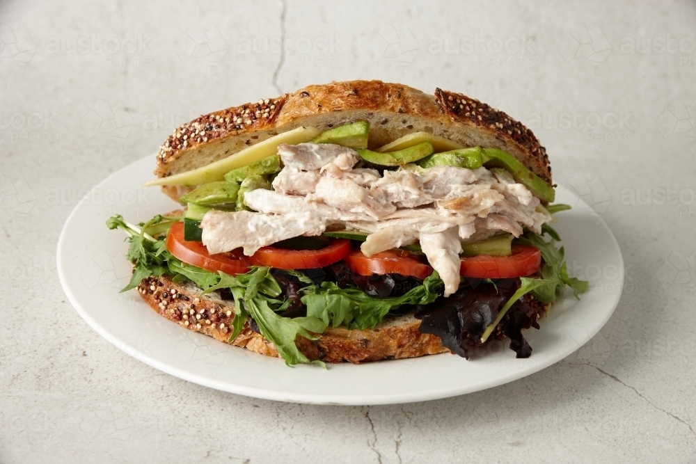 close up shot of chicken avocado sandwich - Australian Stock Image