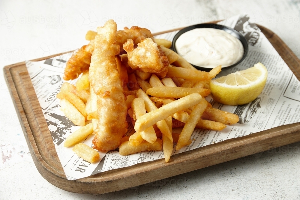 Close up shot of fish and chips - Australian Stock Image