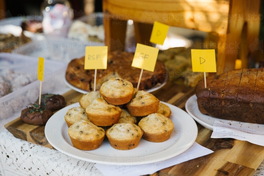 Close up shot of muffins stacked together in a white plate - Australian Stock Image